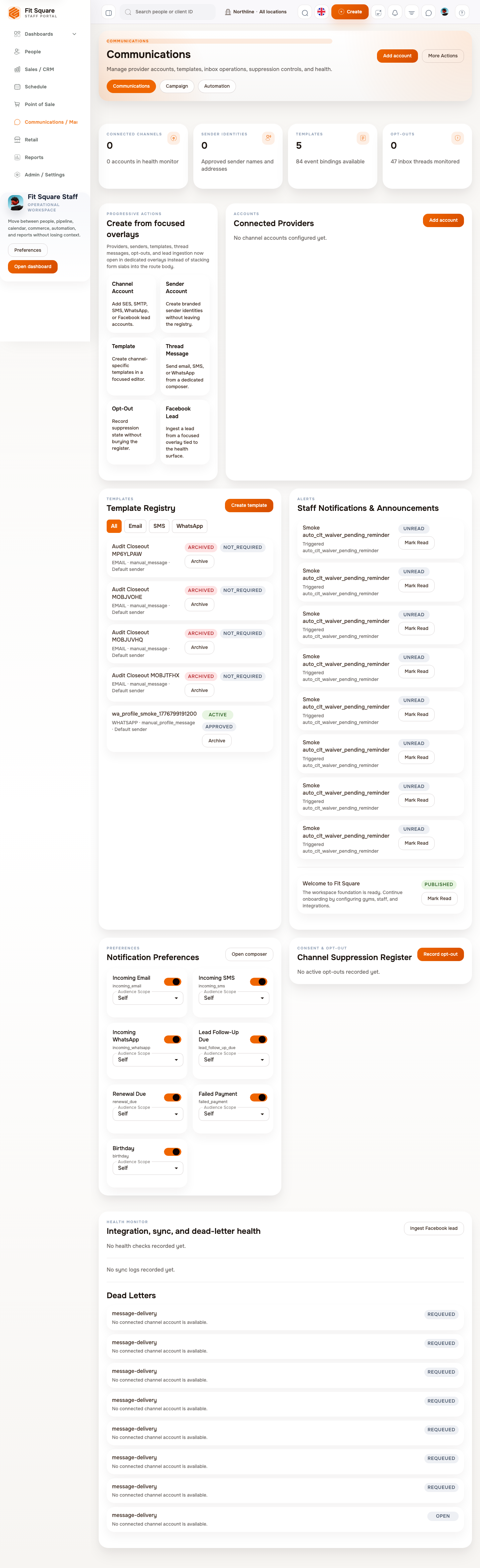 SquareOS communications workspace for campaigns and automation