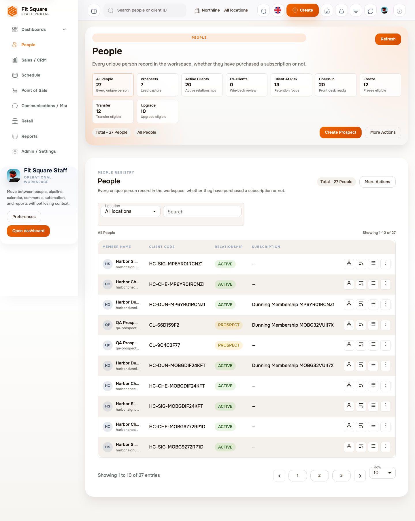 SquareOS People CRM with prospects, active clients, freeze, transfer, and upgrade queues