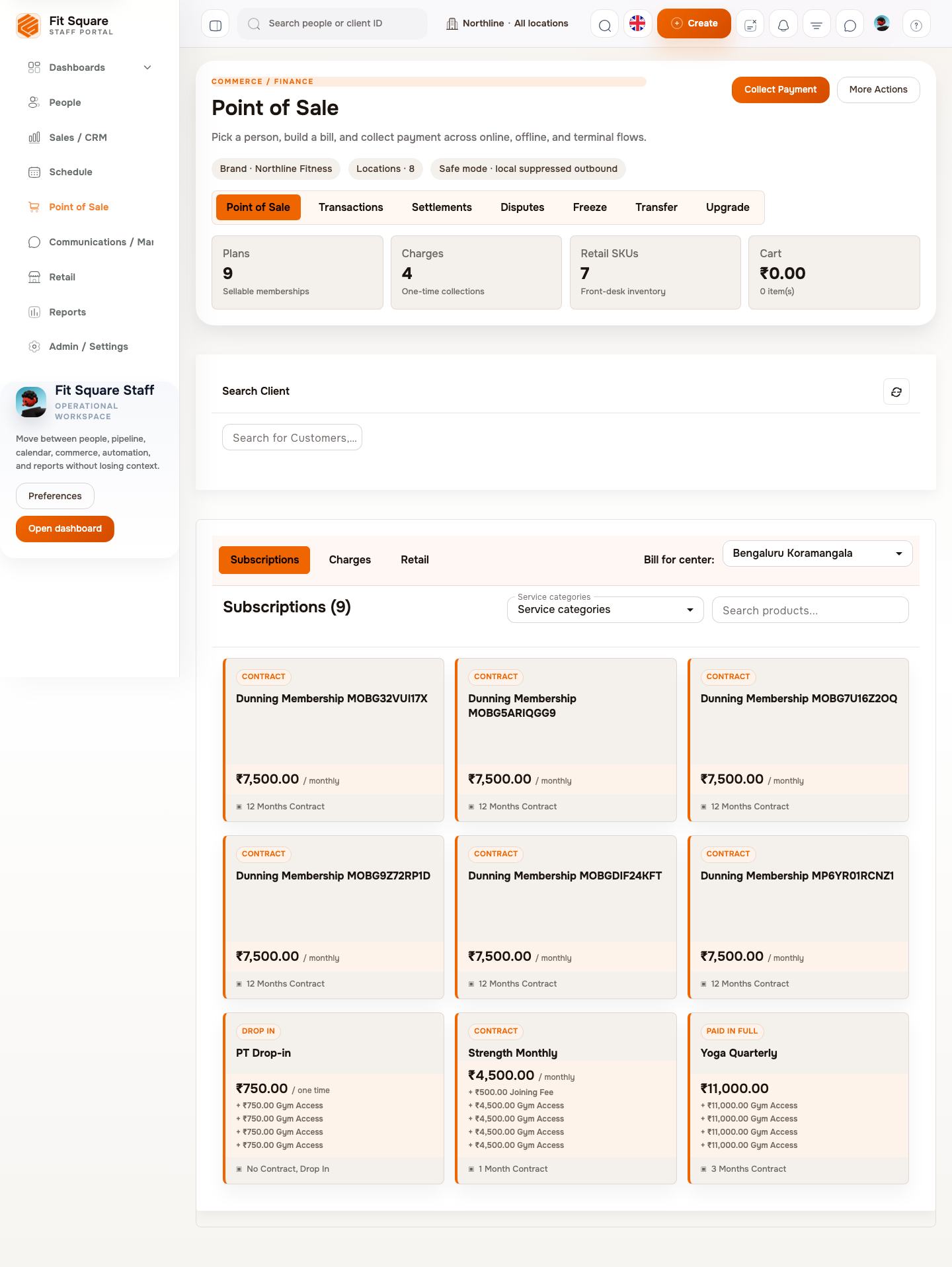 SquareOS point of sale and checkout workspace for gym plans and add-ons