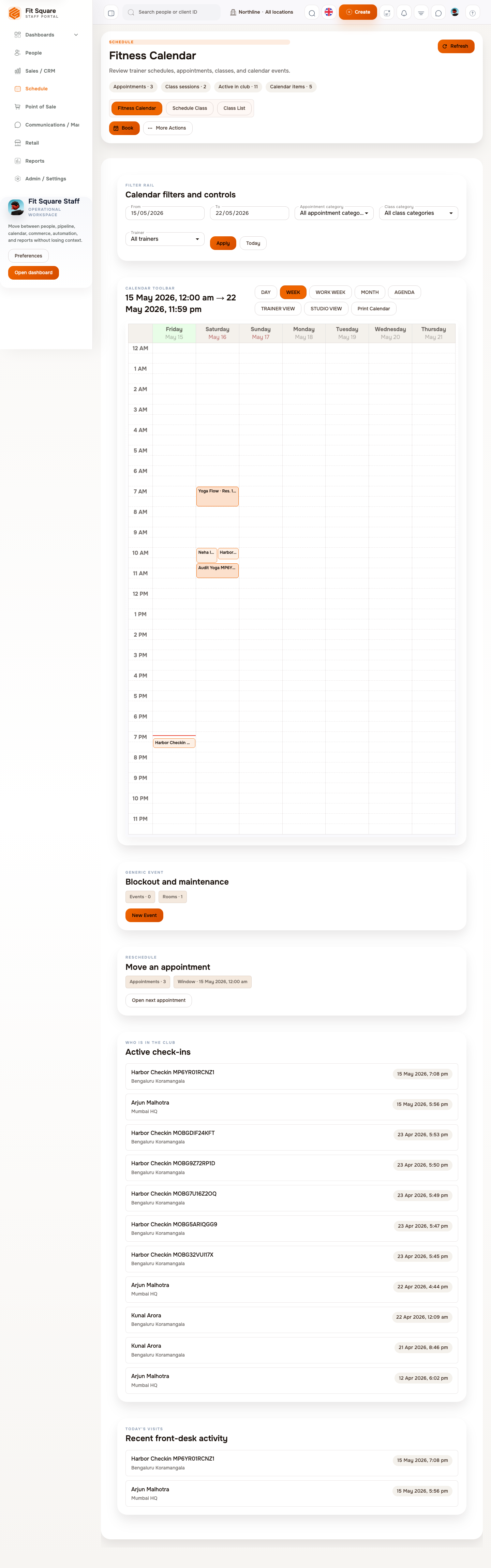 SquareOS schedule workspace for 1:1 sessions and group classes